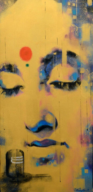 Religious acrylic painting titled 'Bhakti', 60x30 inches, by artist Devendra Nimbargikar on Canvas