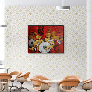 Preview of 'Bhakti Rang (Rhythm of Devotion)' Painting by Deepa Vedpathak shown on a wall in a furnished room.