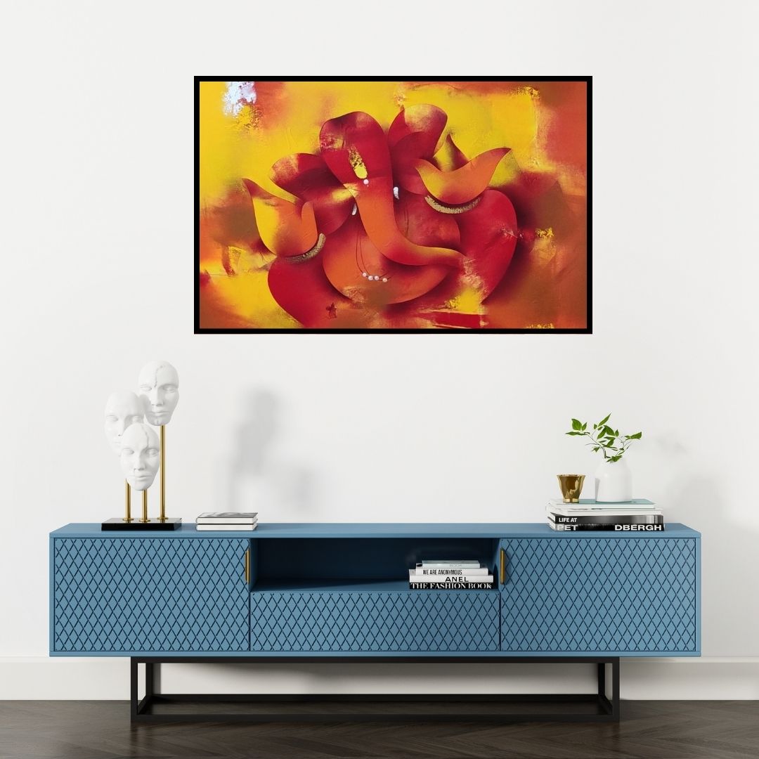 Preview of 'Bhalchandra (Ganesha in Red and Gold)' Painting by Paras Parmar shown on a wall in a furnished room.