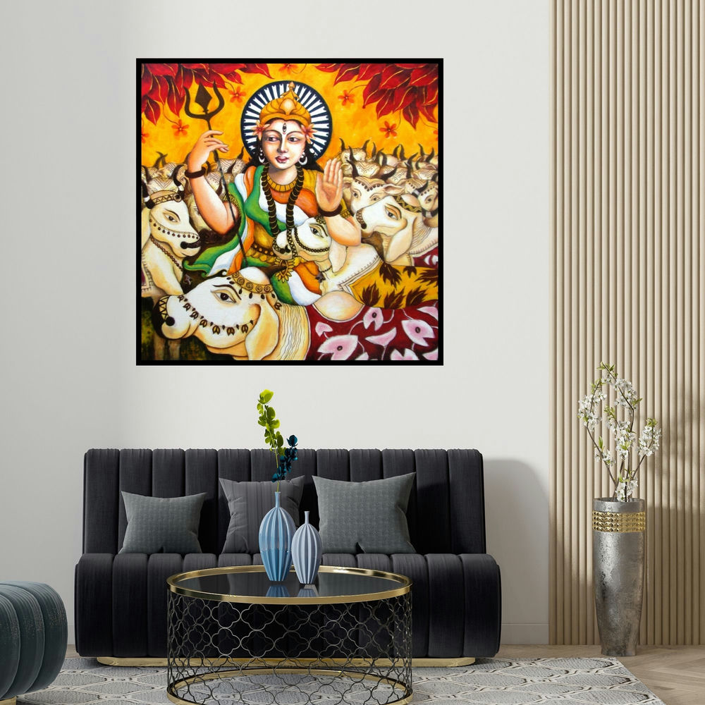 Anirban Seth's 'Bharat Mata I (Goddess with Cows)' painting visualized above a sofa in a contemporary room.