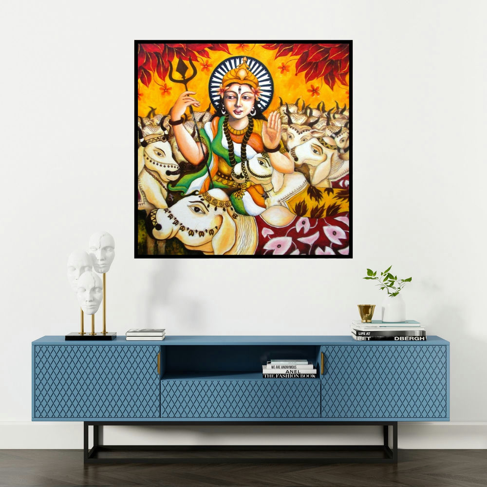 'Bharat Mata I (Goddess with Cows)' painting by Anirban Seth shown on a wall in a furnished room.