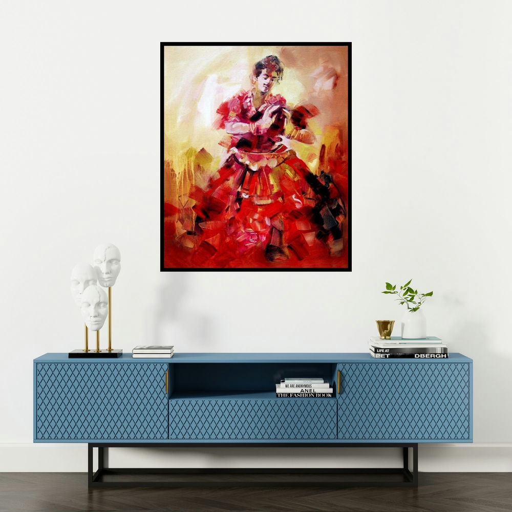 Kariyappa Hanchinamani's 'Bharatanatyam' painting visualized above a sofa in a contemporary room.
