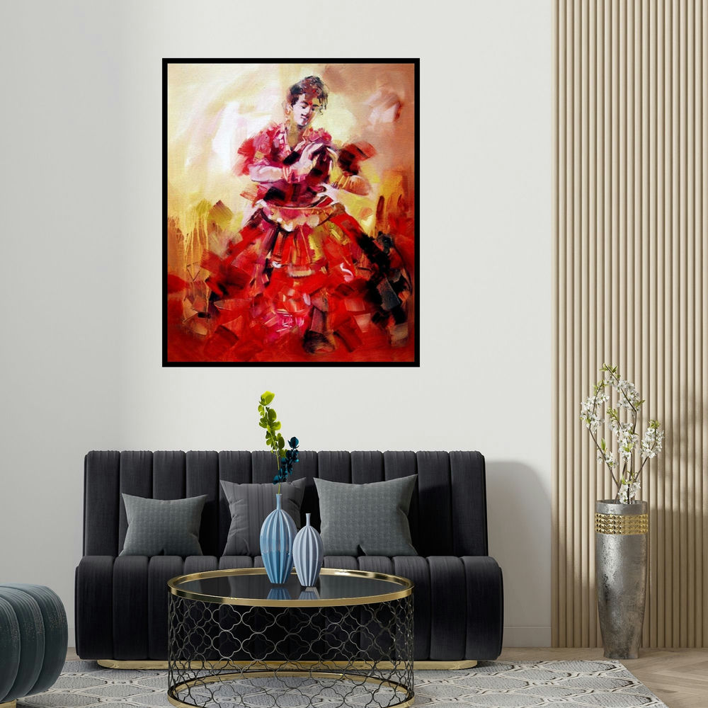 'Bharatanatyam' painting by Kariyappa Hanchinamani shown on a wall in a furnished room.