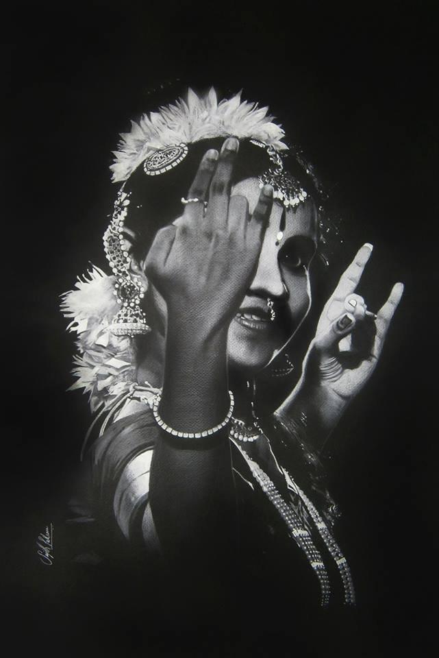 Realistic charcoal drawing titled 'Bharatanatyam VII', 30x22 inches, by artist Sujith Puthran on Paper