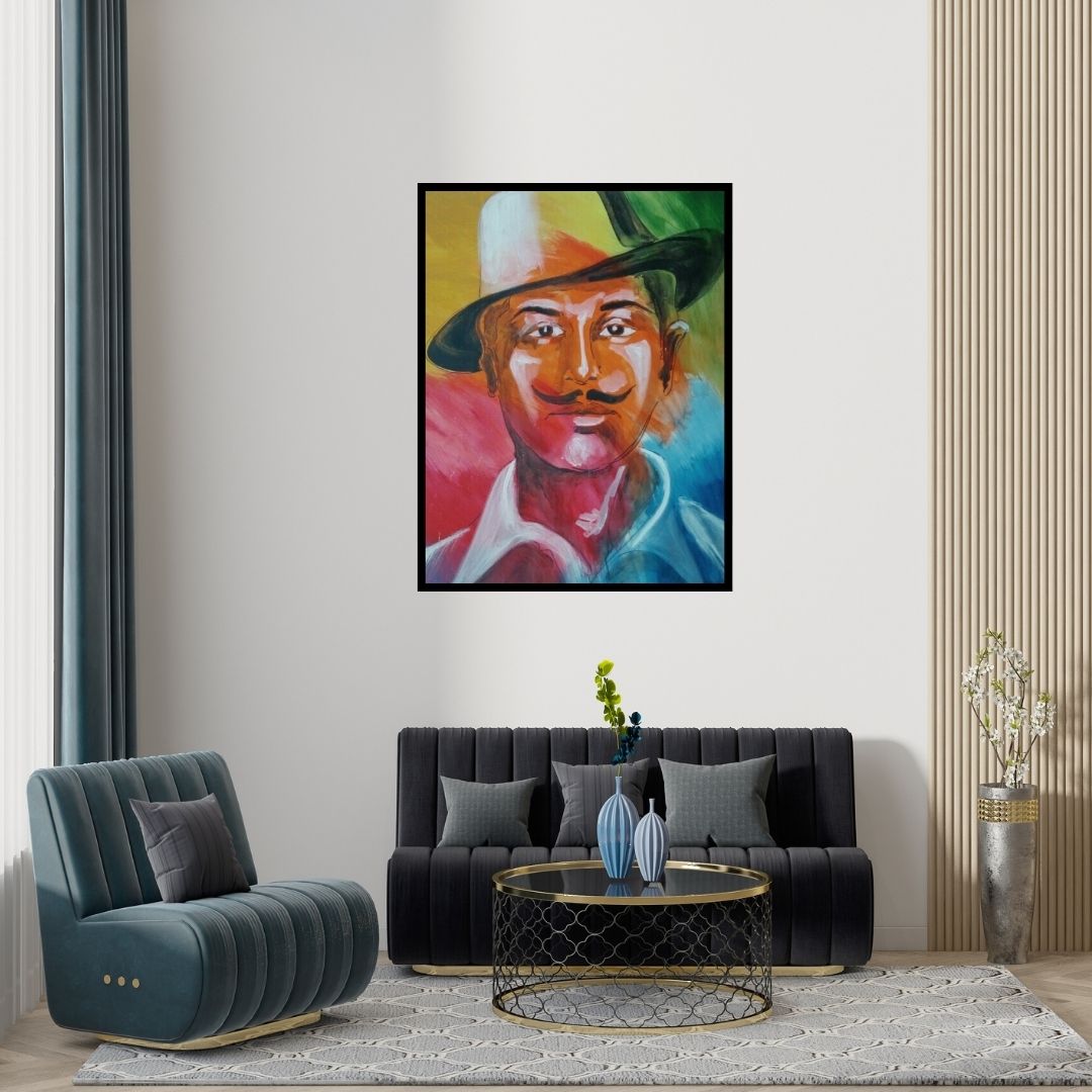 Preview of 'Bhagat Singh' Painting by Vignesh Kumar shown on a wall in a furnished room.