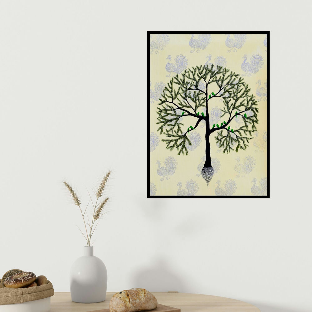 Sumit Mehndiratta's 'Bhavnavya' painting visualized above a sofa in a contemporary room.