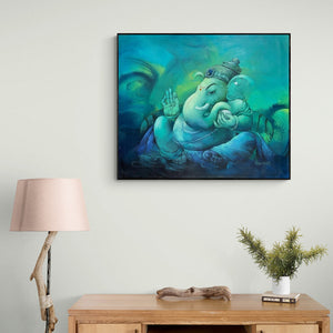Preview of 'Bheema (Ganesha in Teal)' Painting by Namdev M Patil shown on a wall in a furnished room.