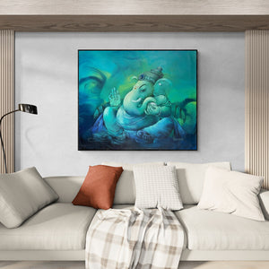 In-situ view of Namdev M Patil's 'Bheema (Ganesha in Teal)' painting in a room