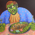 Figurative acrylic painting titled 'BHOG', 30x36 inches, by artist Deblina Ghosh on Canvas