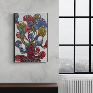 Umed Rawat's painting 'Bhoomi 1 (Nayika 2)' displayed in a modern living room setting