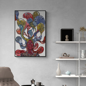 Umed Rawat's 'Bhoomi 1 (Nayika 2)' Painting visualized above a sofa in a contemporary room
