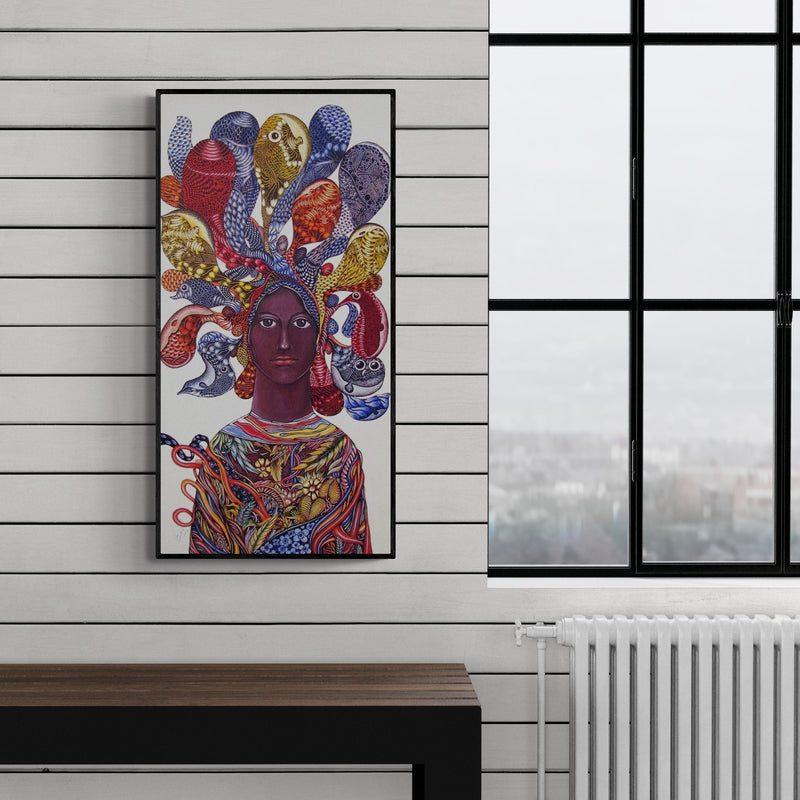 Preview of 'Bhoomi 2 (Nayika 3)' Painting by Umed Rawat shown on a wall in a furnished room.