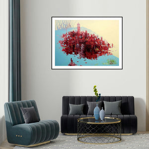 Mahesh Pal Gobra's 'Bhopal City' painting visualized above a sofa in a contemporary room.