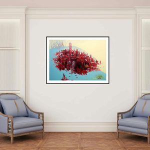 'Bhopal City' painting by Mahesh Pal Gobra shown on a wall in a furnished room.