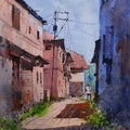 Cityscape watercolor painting titled 'Bhor Indian Village', 22x15 inches, by artist Ravindra Mahale on Paper