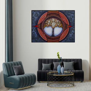 Nitu Chhajer's 'Bhumija (Cosmic Tree)' painting visualized above a sofa in a contemporary room.