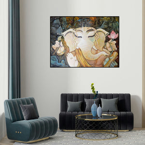 Subrata Ghosh's 'Bhuwabpati' painting visualized above a sofa in a contemporary room.