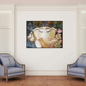 'Bhuwabpati' painting by Subrata Ghosh shown on a wall in a furnished room.