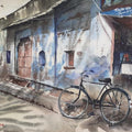 Cityscape watercolor painting titled 'BiCycle in Jodhpur', 16x12 inches, by artist Mrutyunjaya Dash on Paper