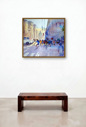 Bicycle Rider by artist Ravee Songirkar displayed in a Rustic Library