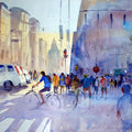 Cityscape watercolor painting titled 'Bicycle Rider', 15x22 inches, by artist Ravee Songirkar on Paper