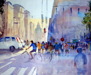 Bicycle Rider by Ravee Songirkar, Original Watercolor Cityscape Painting on Paper, Small Horizontal Wall Art