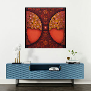 'Bindu The Consciousness Series 4' painting by Nitu Chhajer shown on a wall in a furnished room.