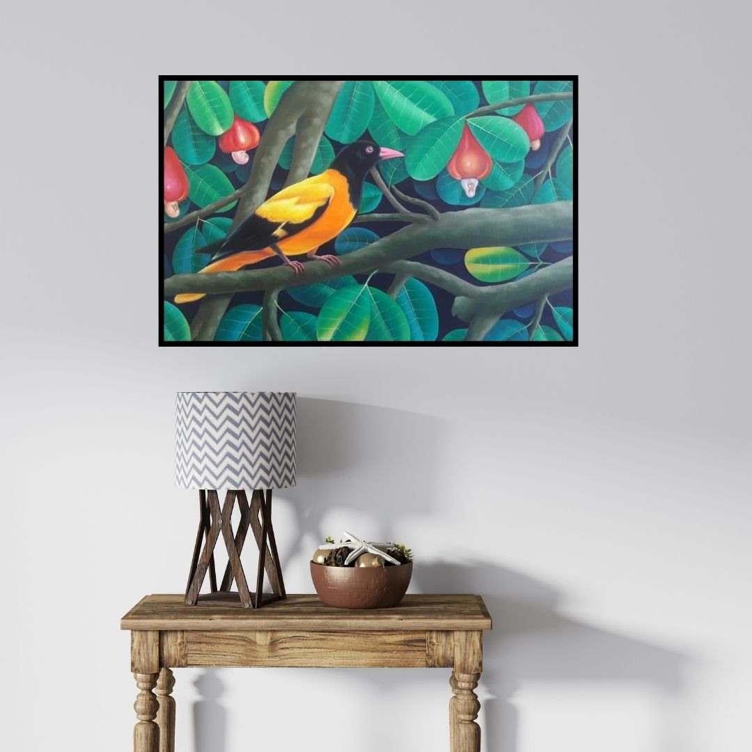In-situ view of Murali Nagapuzha's 'Bird 1 (Orchard Oriole)' painting in a room