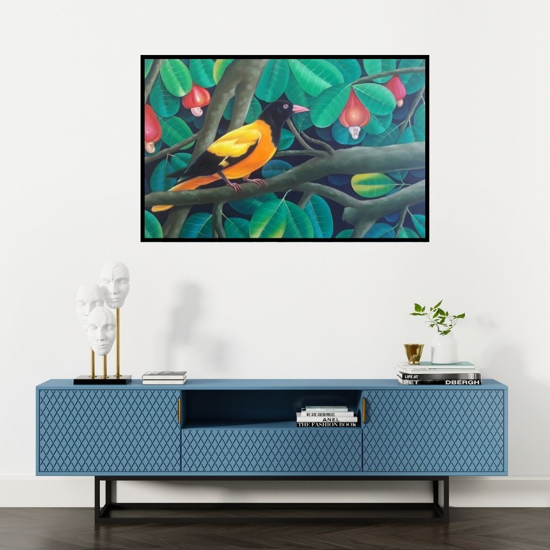 Preview of 'Bird 1 (Orchard Oriole)' Painting by Murali Nagapuzha shown on a wall in a furnished room.