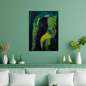 Preview of 'The Bird (The Watcher)' Painting by Debabrata Hazra shown on a wall in a furnished room.