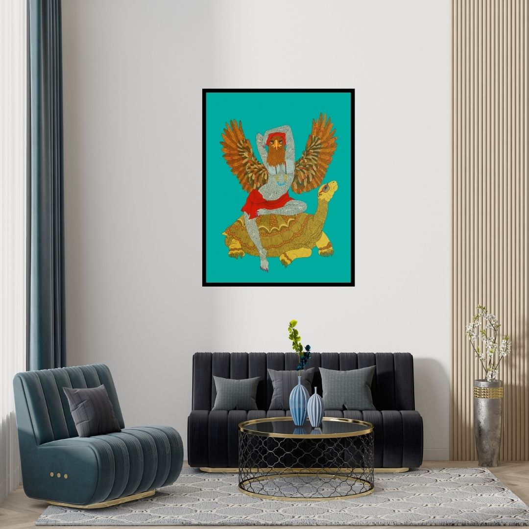 Preview of 'Bird (Cosmic Journey)' Painting by Bandana Kumari shown on a wall in a furnished room.