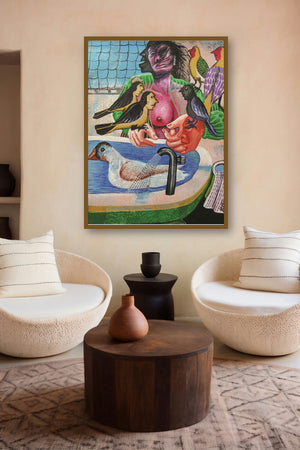 Bird Lover (Feathered Companions) by artist Mithun Dasgupta displayed in a Luxury gallery