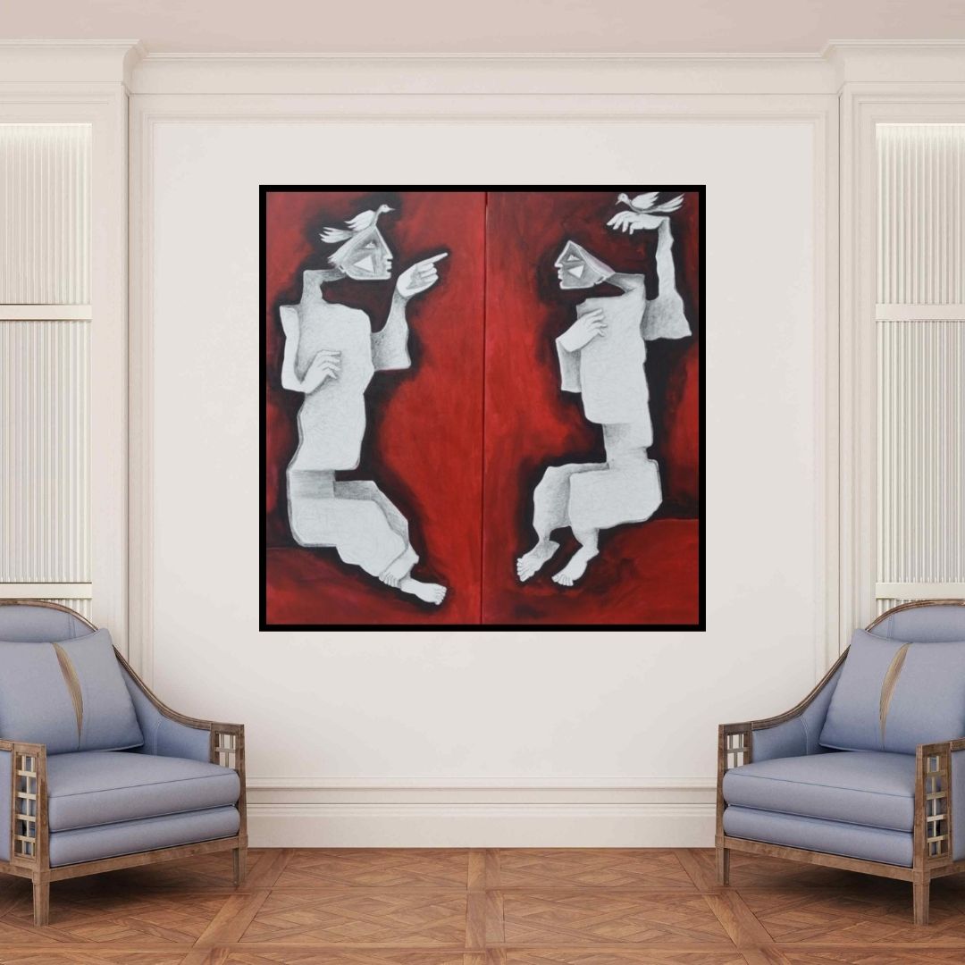 Amit Rajvanshi's painting 'Bird Lovers (A Tale of Two Souls)' displayed in a modern living room setting