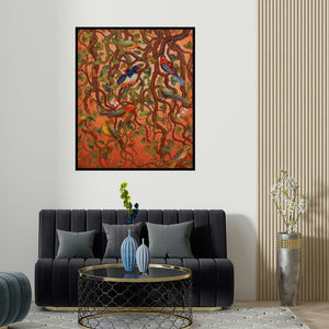 'Bird Series' painting by Roy K John shown on a wall in a furnished room.
