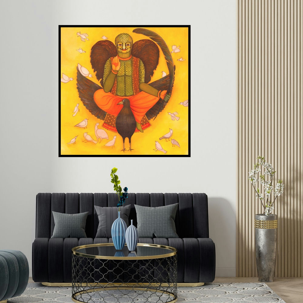 Meenakshi Jha Banerjee's 'Birdman (Garuda, The King of Birds)' painting visualized above a sofa in a contemporary room.