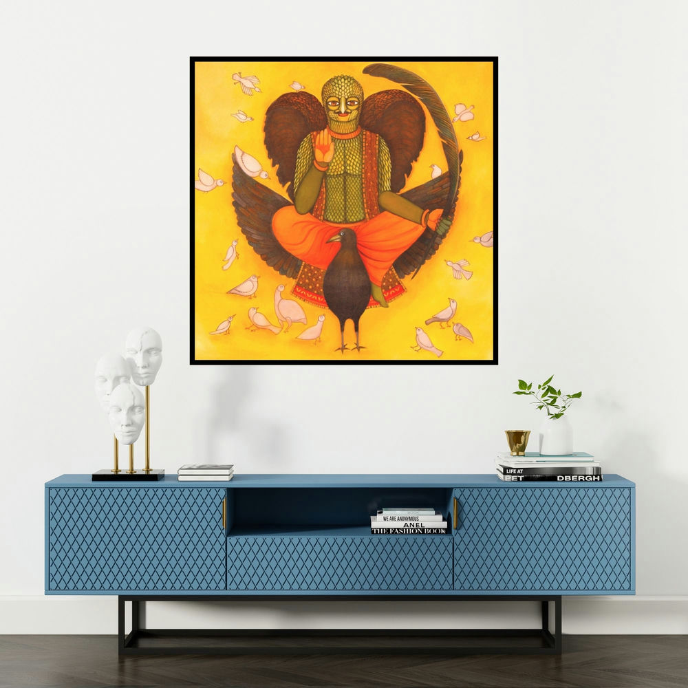 'Birdman (Garuda, The King of Birds)' painting by Meenakshi Jha Banerjee shown on a wall in a furnished room.