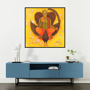 'Birdman (Garuda, The King of Birds)' painting by Meenakshi Jha Banerjee shown on a wall in a furnished room.