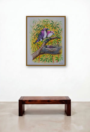 Birds 259 (Birds and Nest) by artist Santosh Patil displayed in a Japandi Hotel Suite