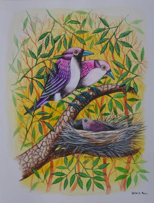 Birds 259 (Birds and Nest) by Santosh Patil, Original Postercolor Animal Painting on Paper, X-Small Vertical Wall Art