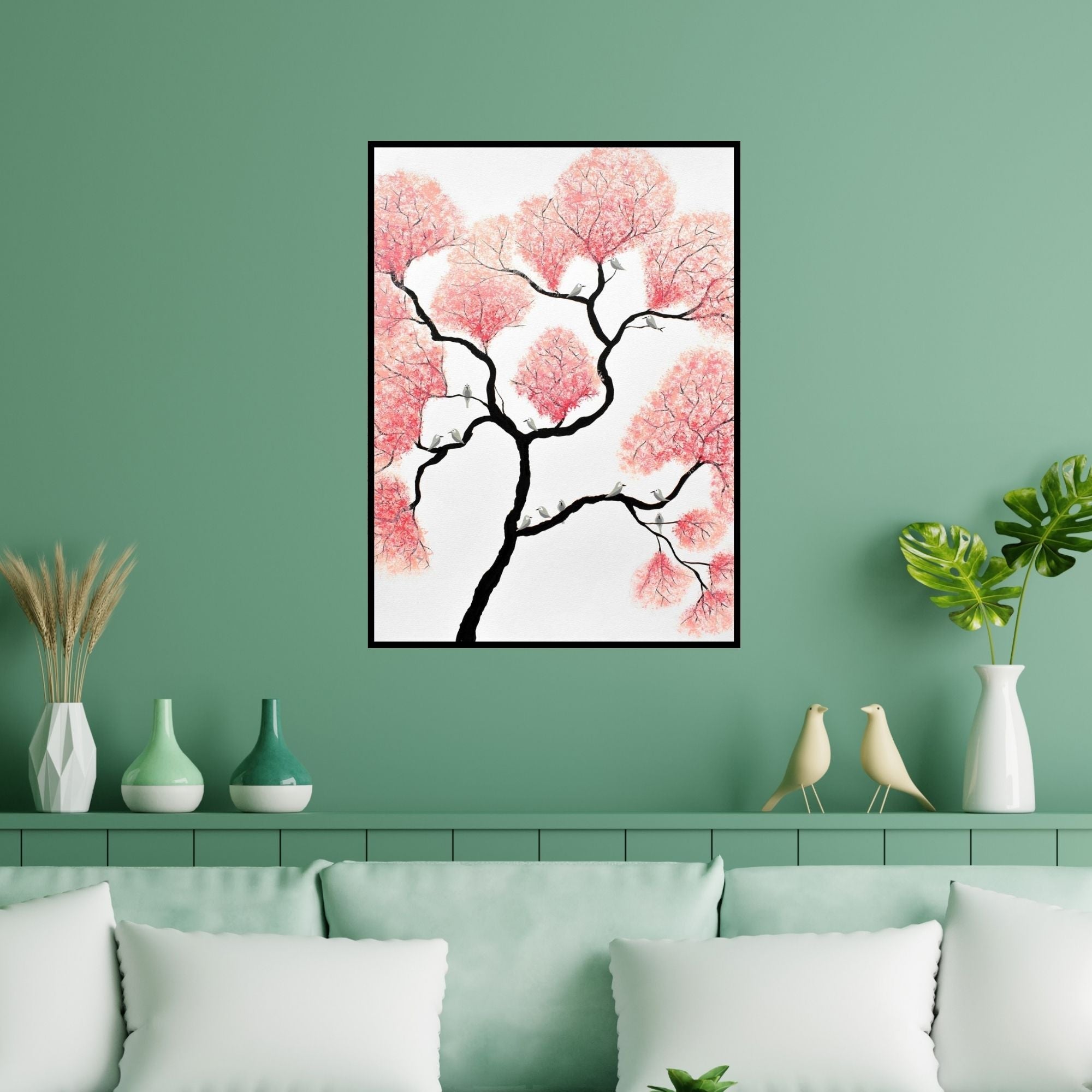 Preview of 'Birds And Flowers (Ephemeral Beauty)' Painting by Sumit Mehndiratta shown on a wall in a furnished room.