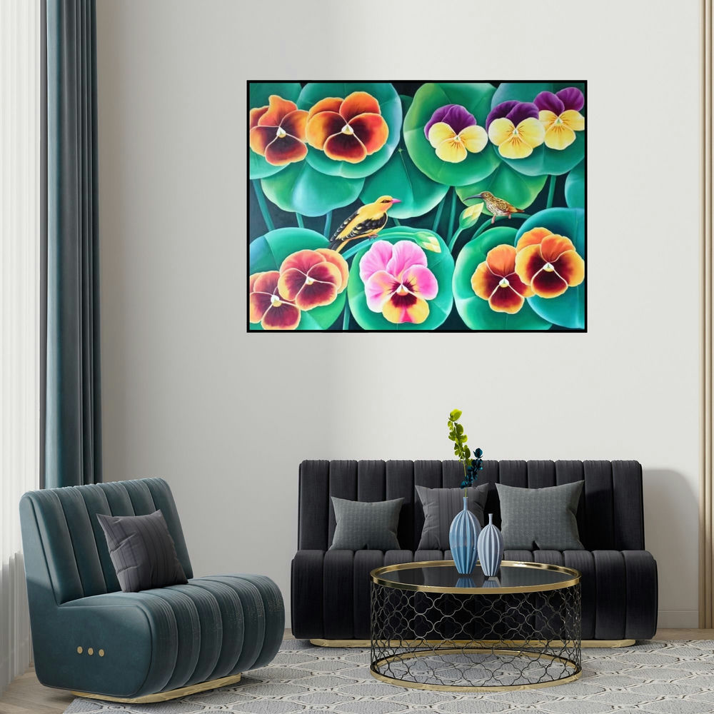 Murali Nagapuzha's 'Birds Series 1 (Pansies and Birds)' painting visualized above a sofa in a contemporary room.