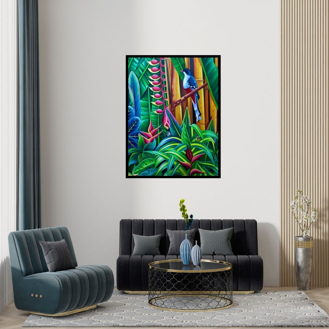 Preview of 'Birds Series 2 (Bird in Tropical Garden)' Painting by Murali Nagapuzha shown on a wall in a furnished room.