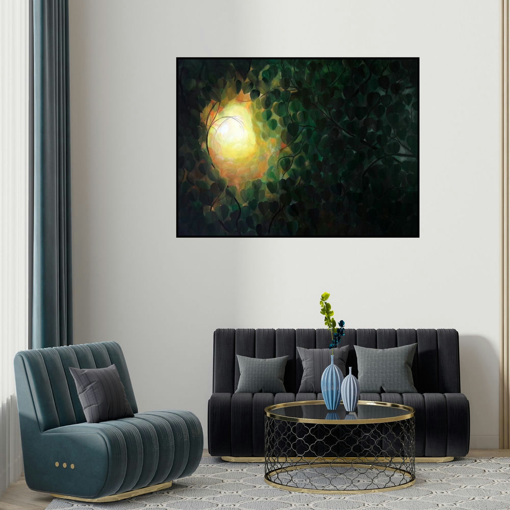 Seby Augustine's 'Birds View' painting visualized above a sofa in a contemporary room.