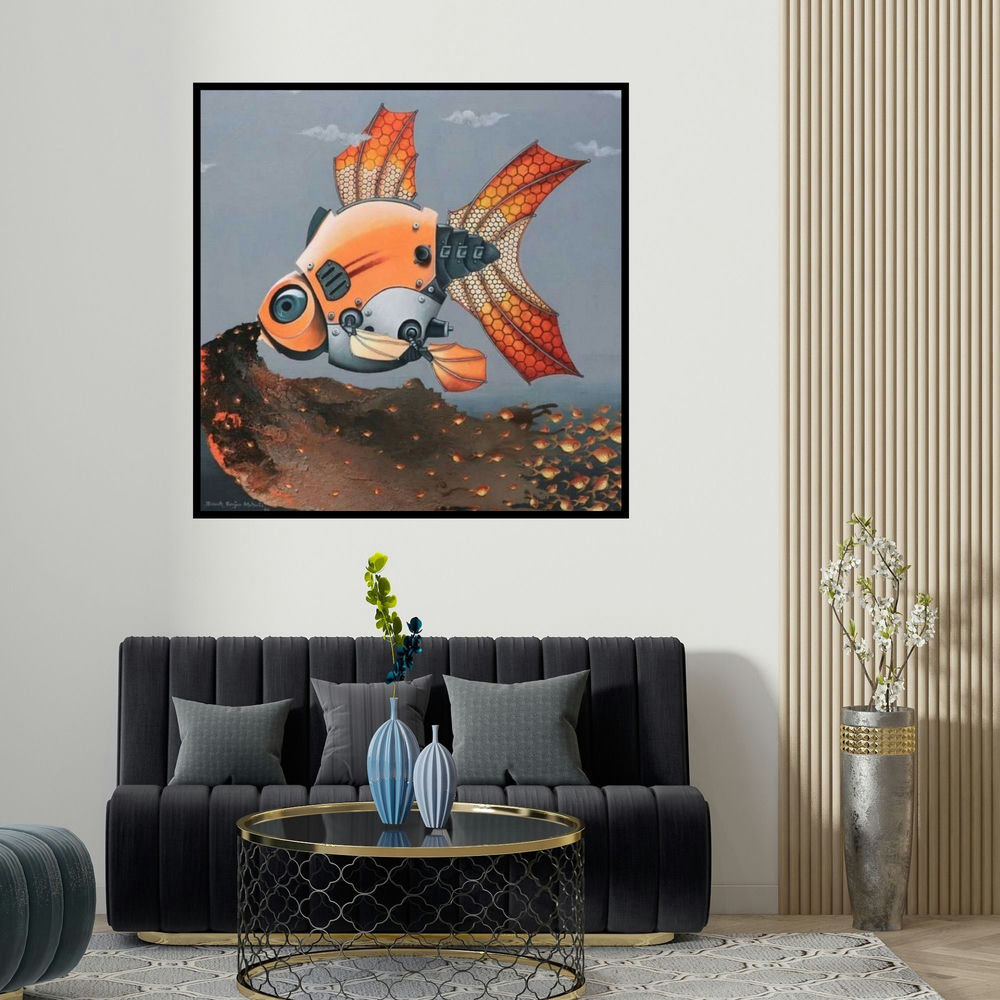 Bikash Mohanta's 'The Birth Of Fish From Mechanical Fish (Mechanical Fish Leader)' painting visualized above a sofa in a contemporary room.