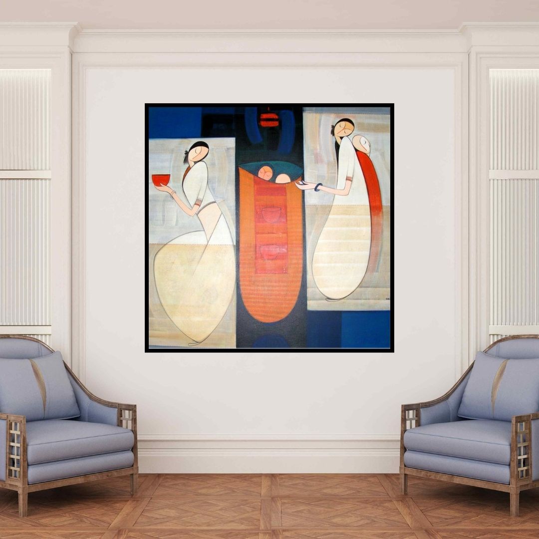 In-situ view of Dattatraya Thombare's 'Birth Of Love' painting in a room