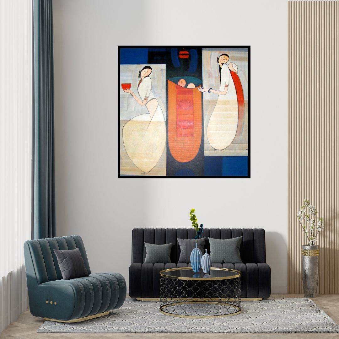 Preview of 'Birth Of Love' Painting by Dattatraya Thombare shown on a wall in a furnished room.