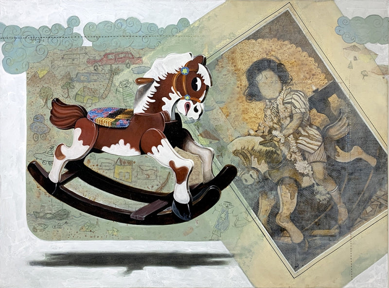 The Birthday Ride' contemporary acrylic-charcoal painting by artist Ramchandra S Kharatmal, 36x48 inch, on canvas