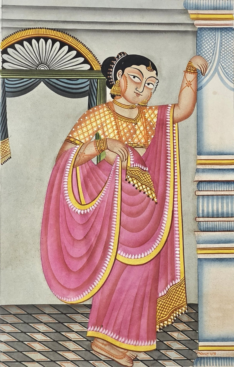 Biwi' figurative kalighat Traditional Art by artist Anwar Chitrakar, 22x14 inch, on paper