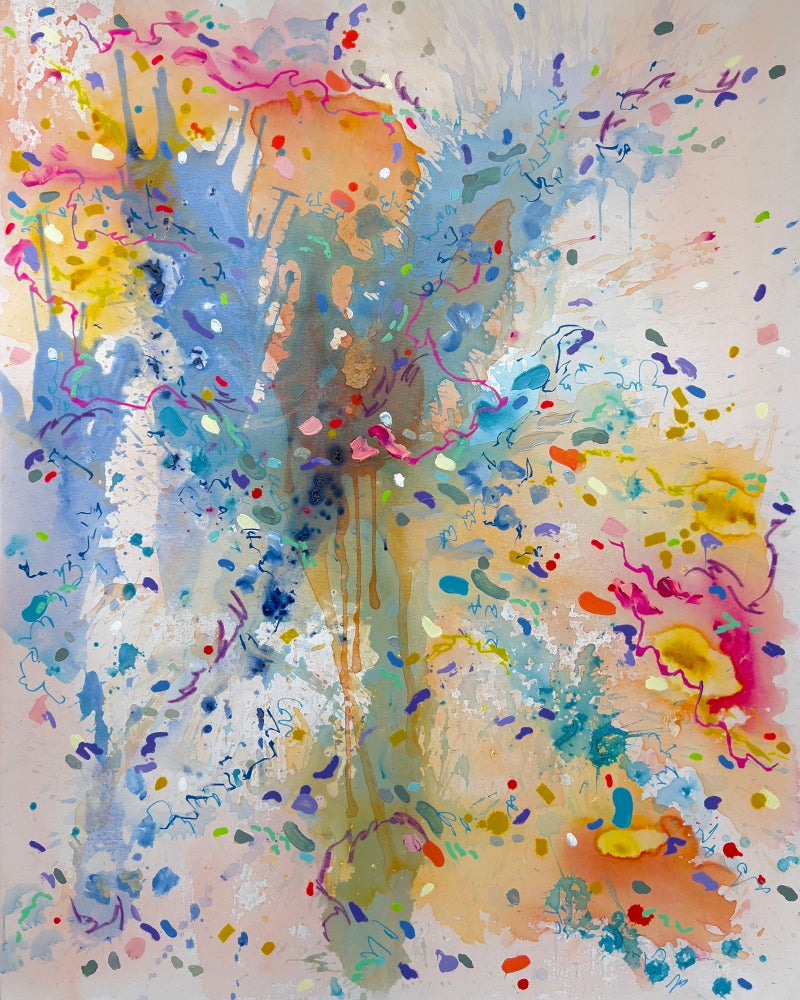 Bizarreness Of Being Human' abstract mixed-media painting by artist Sheena Bajaria, 60x48 inch, on canvas