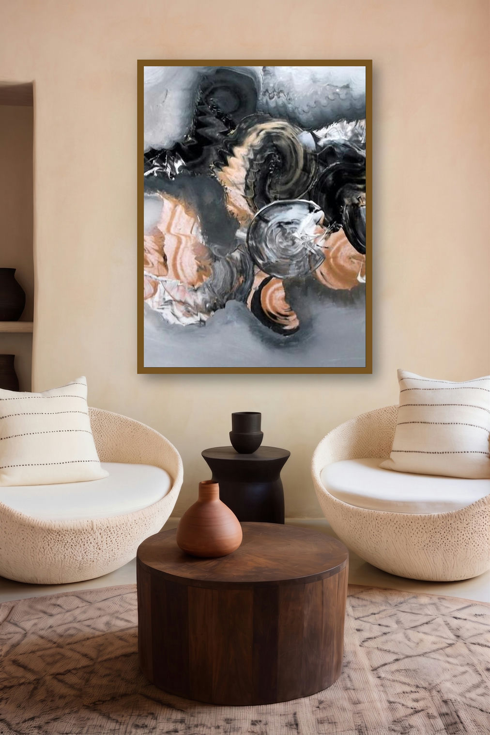 Black And Beige Abstarct (Cosmic Whirlpool) by artist Deepak Guddadakeri displayed in a Luxury gallery